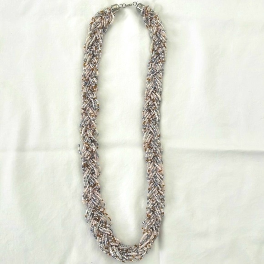 Long beaded necklace, braided